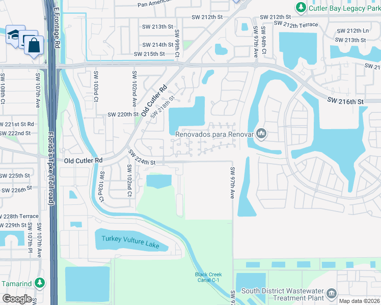 map of restaurants, bars, coffee shops, grocery stores, and more near 9945 Southwest 223rd Terrace in Cutler Bay