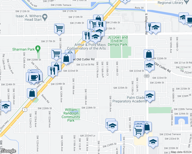 map of restaurants, bars, coffee shops, grocery stores, and more near 22305 Southwest 117th Avenue in Goulds