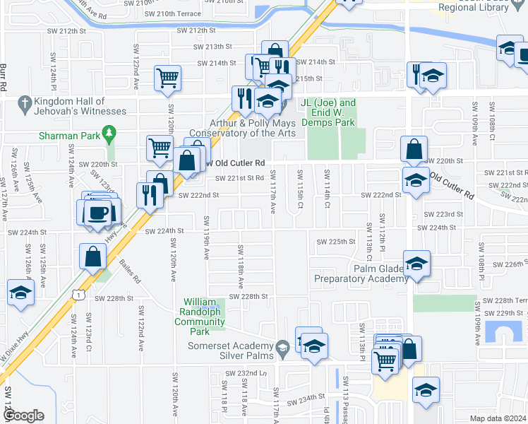 map of restaurants, bars, coffee shops, grocery stores, and more near 22305 Southwest 117th Avenue in Goulds