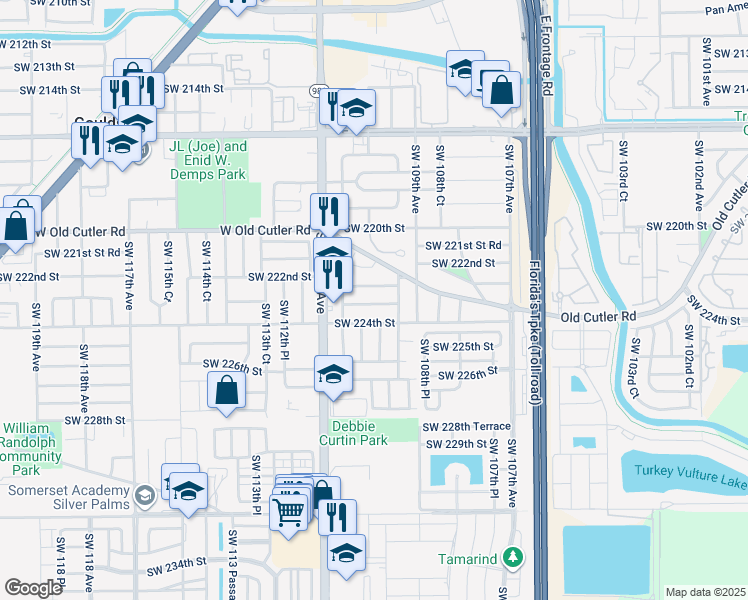 map of restaurants, bars, coffee shops, grocery stores, and more near 10995 Southwest 223rd Street in Miami