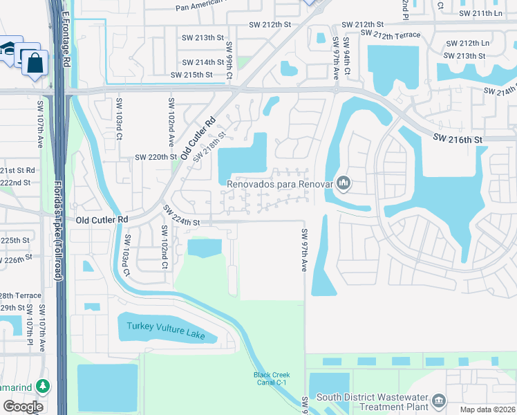 map of restaurants, bars, coffee shops, grocery stores, and more near 22246 Southwest 98th Place in Cutler Bay