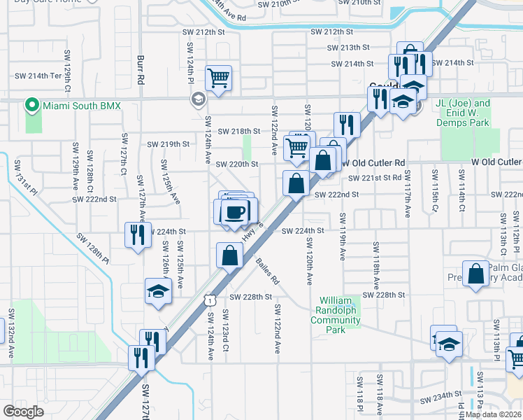 map of restaurants, bars, coffee shops, grocery stores, and more near 22352 Southwest 123rd Drive in Miami
