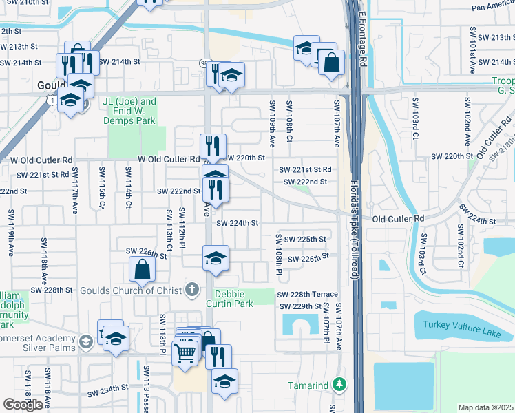 map of restaurants, bars, coffee shops, grocery stores, and more near 22285 Southwest 109th Court in Miami