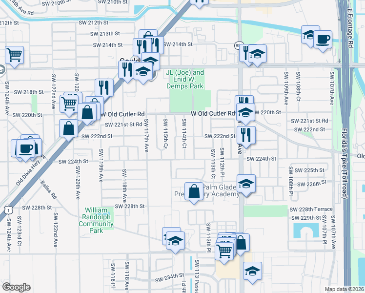 map of restaurants, bars, coffee shops, grocery stores, and more near 22230 Southwest 114th Court in Goulds