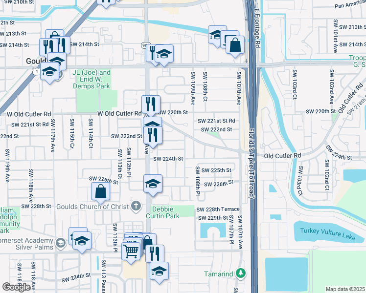 map of restaurants, bars, coffee shops, grocery stores, and more near 22285 Southwest 109th Court in Miami