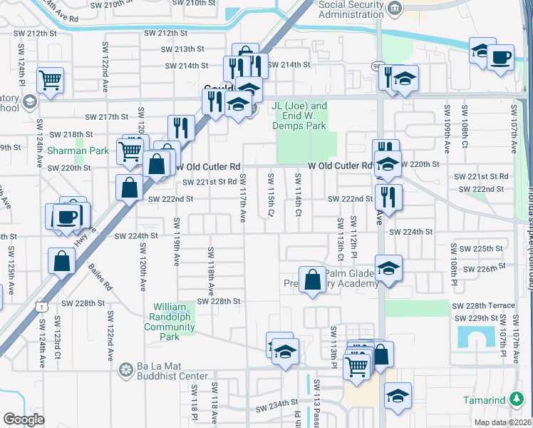 map of restaurants, bars, coffee shops, grocery stores, and more near 22240 Southwest 115th Court in Miami