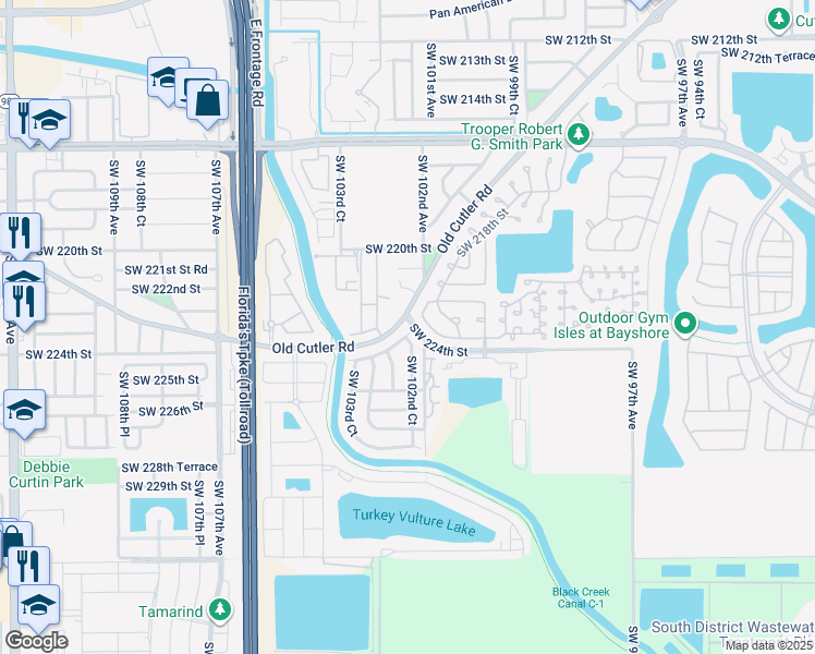 map of restaurants, bars, coffee shops, grocery stores, and more near 10000 Southwest 224th Terrace in Miami