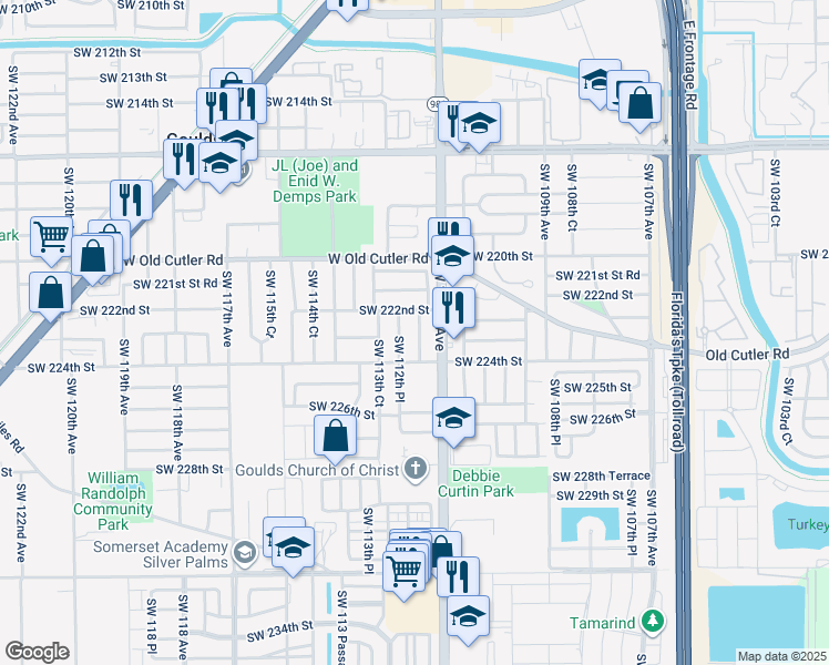 map of restaurants, bars, coffee shops, grocery stores, and more near 22260 Southwest 112th Court in Goulds