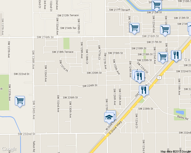 map of restaurants, bars, coffee shops, grocery stores, and more near 22232 SW 127th Pl in Miami