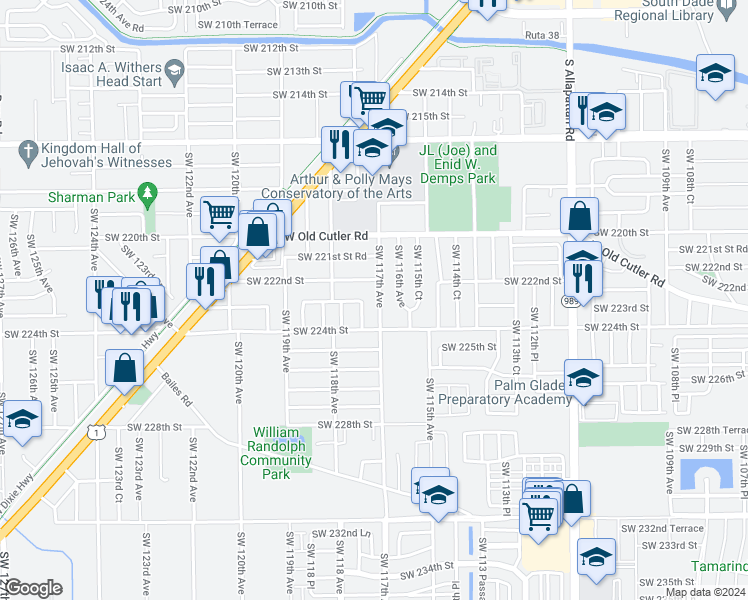 map of restaurants, bars, coffee shops, grocery stores, and more near 22305 Southwest 117th Avenue in Goulds