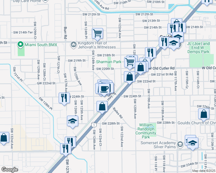 map of restaurants, bars, coffee shops, grocery stores, and more near Miami Avenue in Miami