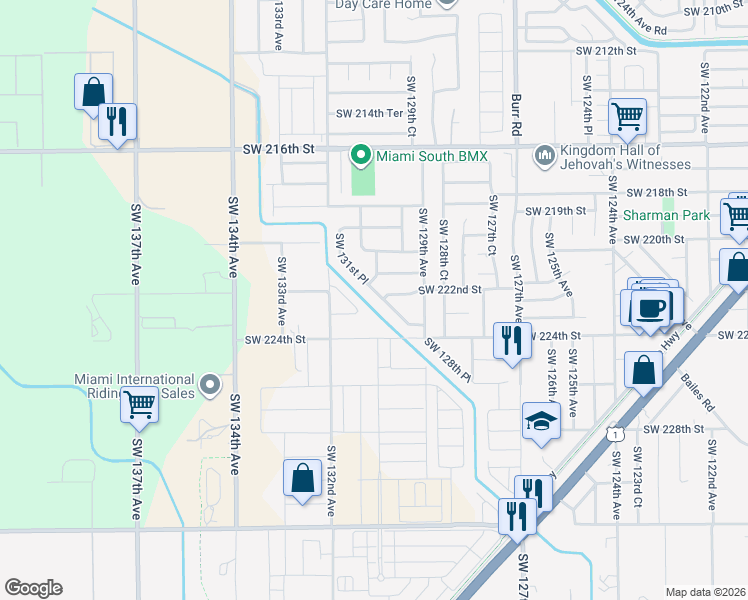 map of restaurants, bars, coffee shops, grocery stores, and more near 22152 Southwest 130th Court in Miami