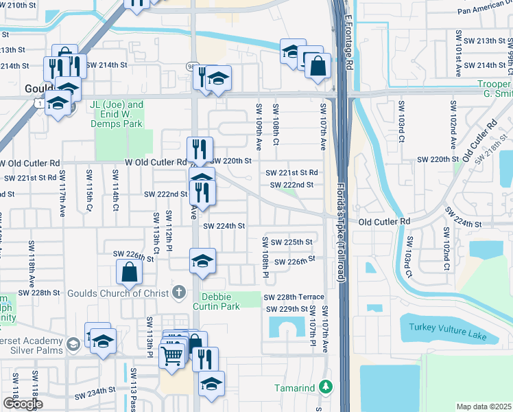 map of restaurants, bars, coffee shops, grocery stores, and more near 22285 Southwest 109th Court in Miami