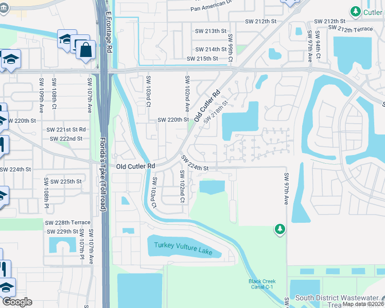 map of restaurants, bars, coffee shops, grocery stores, and more near 22310 Southwest 101 Avenue Road in Cutler Bay