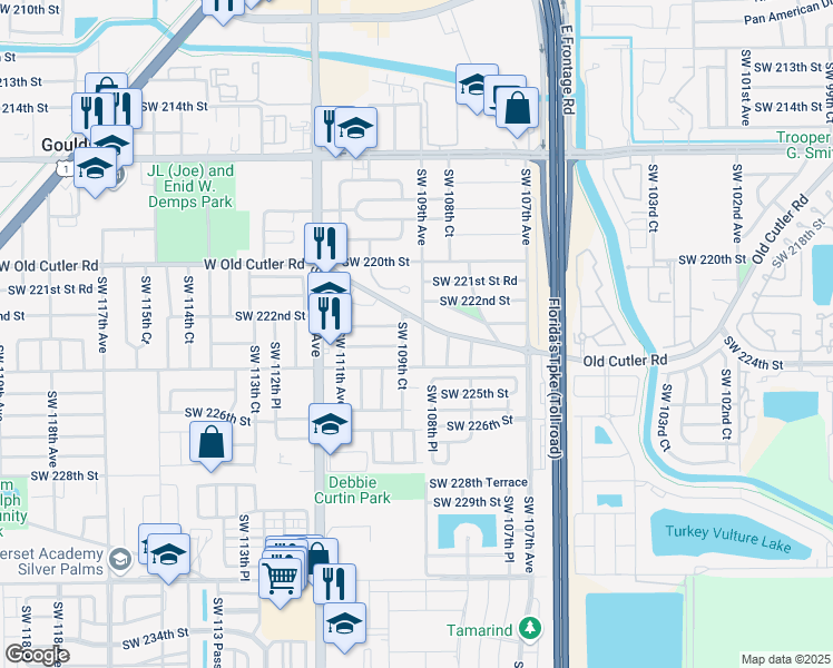 map of restaurants, bars, coffee shops, grocery stores, and more near 22285 Southwest 109th Court in Miami