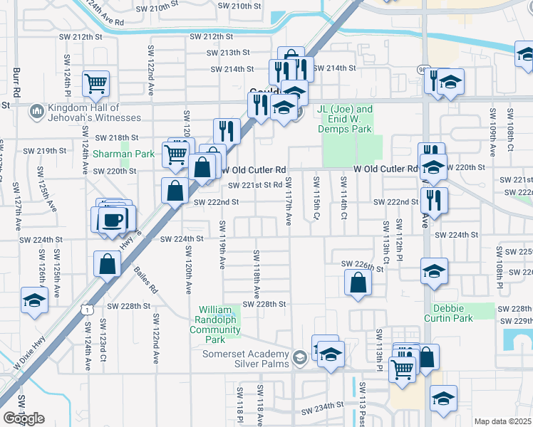 map of restaurants, bars, coffee shops, grocery stores, and more near 22301 Southwest 117th Place in Miami