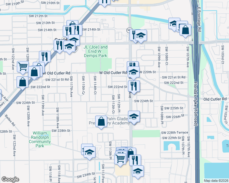 map of restaurants, bars, coffee shops, grocery stores, and more near 22221 Southwest 113th Court in Miami
