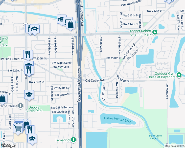map of restaurants, bars, coffee shops, grocery stores, and more near 10409 Old Cutler Road in Miami