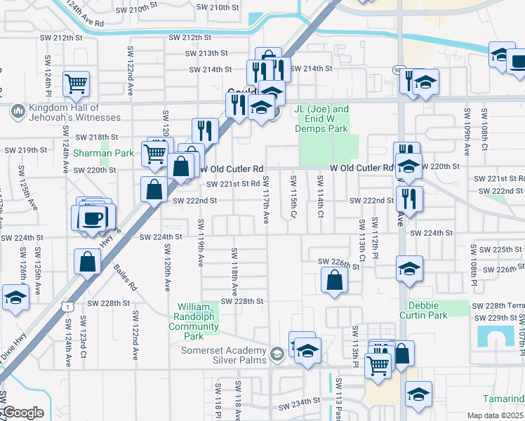 map of restaurants, bars, coffee shops, grocery stores, and more near 22305 Southwest 117th Avenue in Goulds