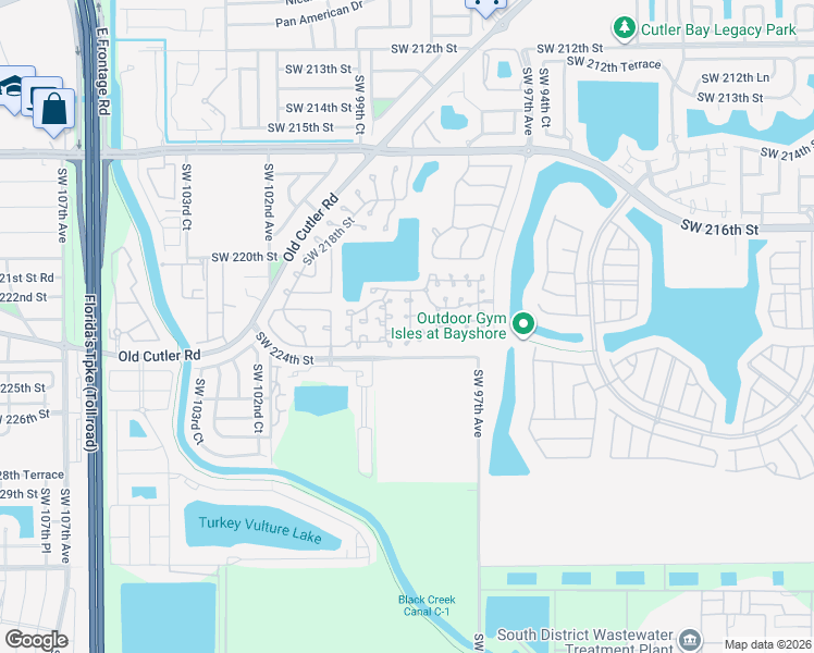 map of restaurants, bars, coffee shops, grocery stores, and more near 22246 Southwest 98th Place in Cutler Bay