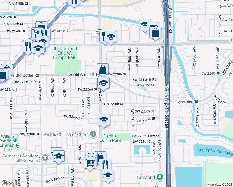 map of restaurants, bars, coffee shops, grocery stores, and more near 10990 Southwest 222nd Terrace in Miami