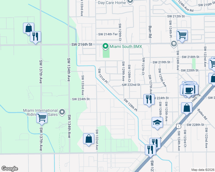 map of restaurants, bars, coffee shops, grocery stores, and more near 22152 Southwest 130th Court in Miami