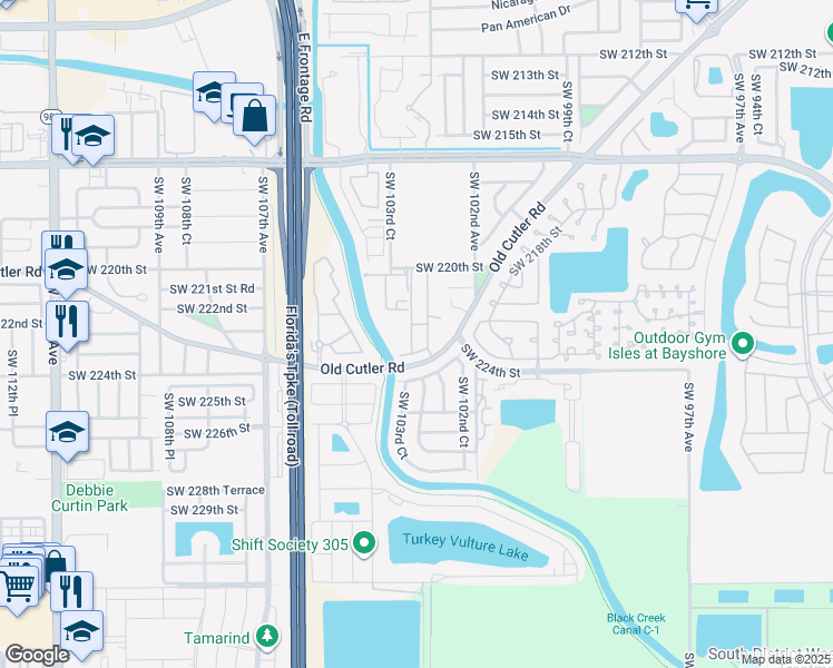 map of restaurants, bars, coffee shops, grocery stores, and more near 22340 Southwest 103rd Avenue in Cutler Bay