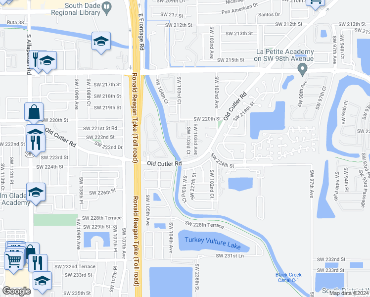 map of restaurants, bars, coffee shops, grocery stores, and more near 22306 Southwest 103rd Court in Cutler Bay
