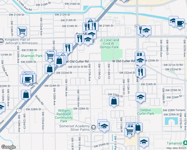 map of restaurants, bars, coffee shops, grocery stores, and more near 22305 Southwest 117th Avenue in Goulds