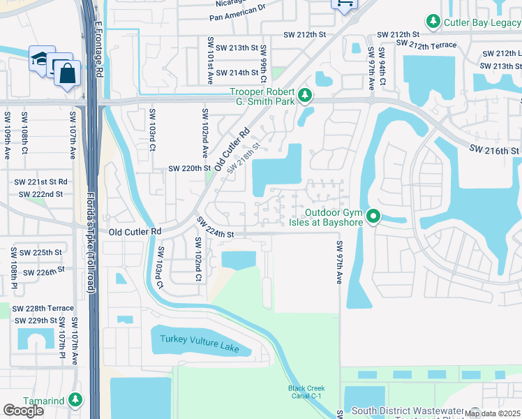 map of restaurants, bars, coffee shops, grocery stores, and more near 9969 Southwest 222nd Terrace in Cutler Bay