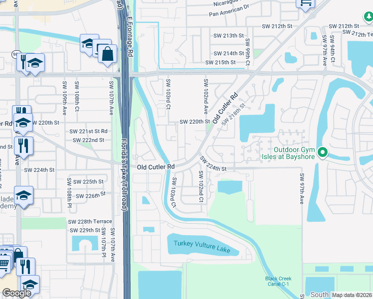 map of restaurants, bars, coffee shops, grocery stores, and more near 22340 Southwest 103rd Avenue in Cutler Bay