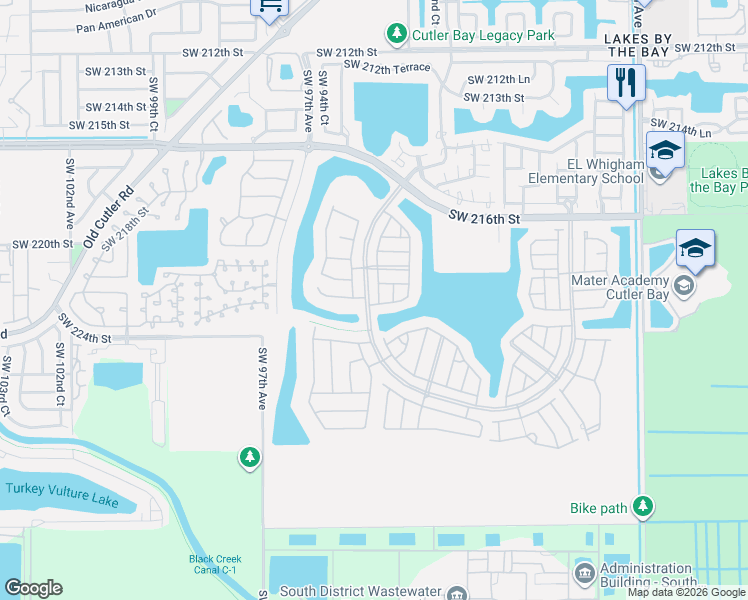 map of restaurants, bars, coffee shops, grocery stores, and more near 9384 Southwest 222nd Way in Cutler Bay