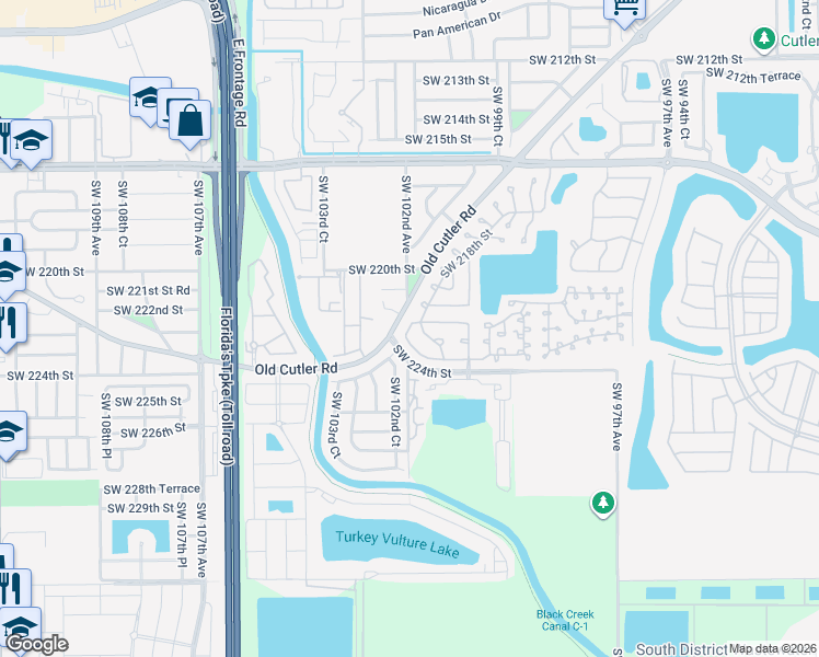 map of restaurants, bars, coffee shops, grocery stores, and more near 10000 Southwest 224th Terrace in Miami