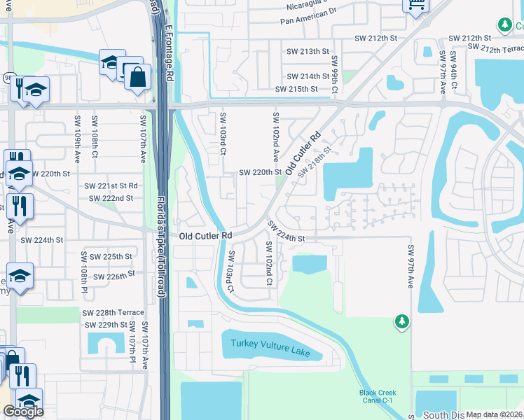 map of restaurants, bars, coffee shops, grocery stores, and more near 10000 Southwest 224th Terrace in Miami