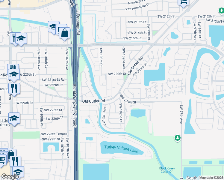 map of restaurants, bars, coffee shops, grocery stores, and more near 22340 Southwest 103rd Avenue in Cutler Bay