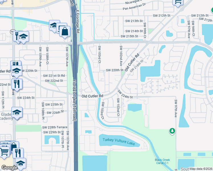 map of restaurants, bars, coffee shops, grocery stores, and more near 22340 Southwest 103rd Avenue in Cutler Bay