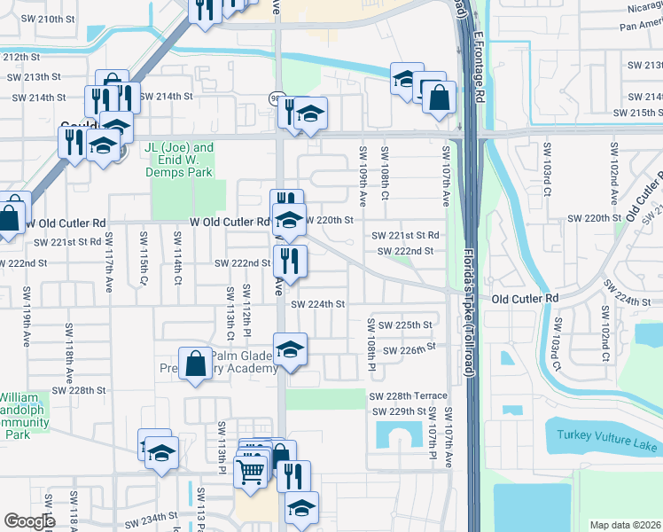 map of restaurants, bars, coffee shops, grocery stores, and more near 10995 Southwest 223rd Street in Miami