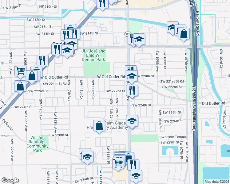map of restaurants, bars, coffee shops, grocery stores, and more near 22221-22231 Southwest 113th Court in Goulds