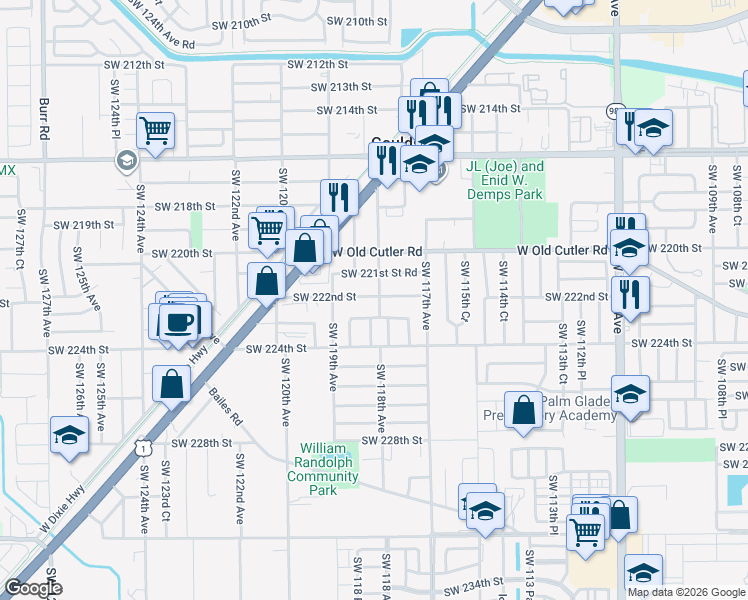 map of restaurants, bars, coffee shops, grocery stores, and more near 22301 Southwest 117th Place in Miami