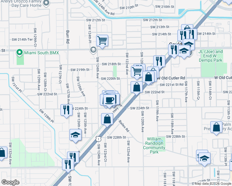 map of restaurants, bars, coffee shops, grocery stores, and more near 22352 Southwest 123rd Drive in Miami