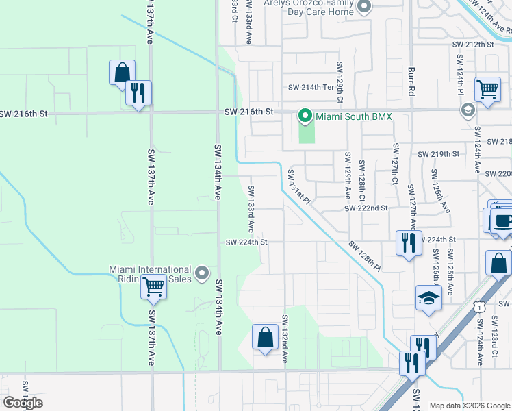 map of restaurants, bars, coffee shops, grocery stores, and more near 13260 Southwest 222nd Street in Miami