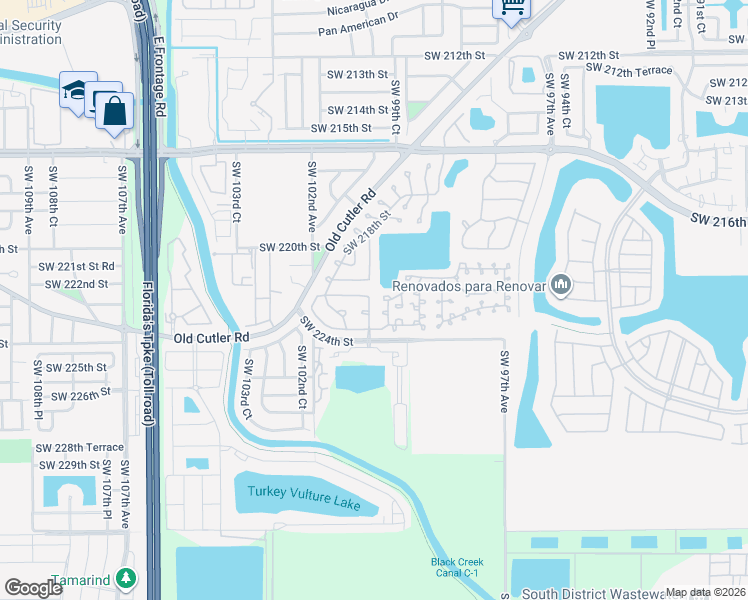 map of restaurants, bars, coffee shops, grocery stores, and more near 22101 Southwest 100th Place in Cutler Bay