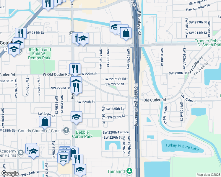map of restaurants, bars, coffee shops, grocery stores, and more near 10831 Southwest 222nd Street in Miami