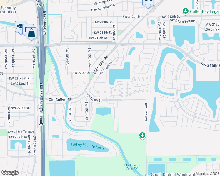 map of restaurants, bars, coffee shops, grocery stores, and more near 22101 Southwest 100th Place in Cutler Bay