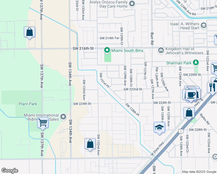 map of restaurants, bars, coffee shops, grocery stores, and more near 22040 Southwest 130th Avenue in Miami