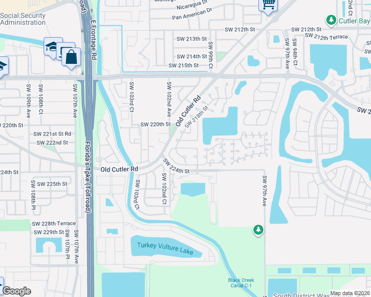map of restaurants, bars, coffee shops, grocery stores, and more near 10058 Southwest 221st Street in Cutler Bay