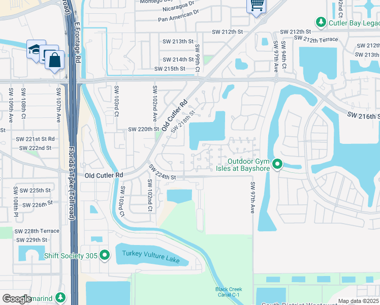 map of restaurants, bars, coffee shops, grocery stores, and more near 22101 Southwest 100th Place in Cutler Bay