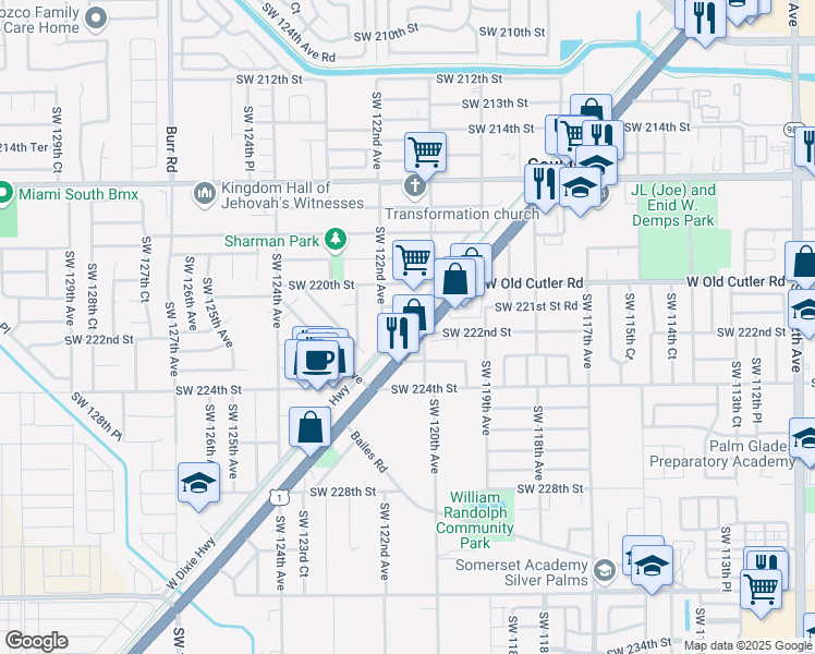 map of restaurants, bars, coffee shops, grocery stores, and more near Busway in Miami