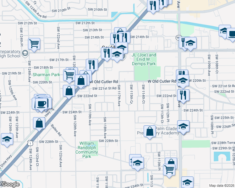 map of restaurants, bars, coffee shops, grocery stores, and more near 11700 Southwest 221st Street in Goulds