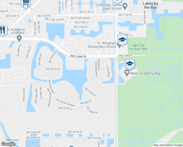 map of restaurants, bars, coffee shops, grocery stores, and more near 8919 Southwest 222nd Terrace in Miami